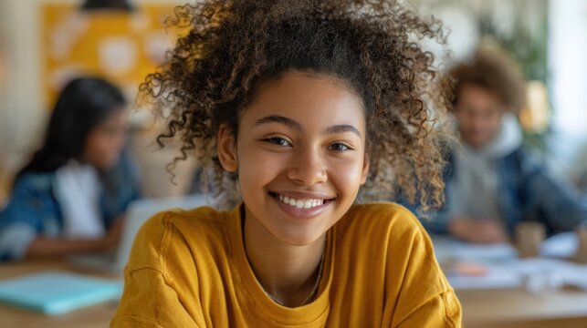 A cheerful girl with curly hair sits at a desk, smiling at the camera in a lively classroom. Classmates are engaged in discussion and work in the background, creating a collaborative environment.