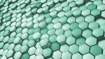 Abstract light green hexagonal shapes forming a 3D pattern, capturing a modern and futuristic aesthetic. The geometric arrangement and shading create a sense of depth and visual interest. - Powered by Adobe