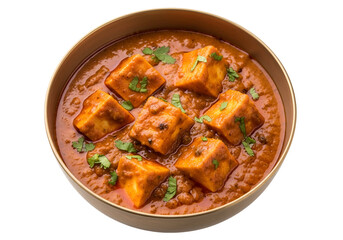 Aromatic cubes of paneer in a rich, flavorful curry, served in a golden bowl against a dark background.