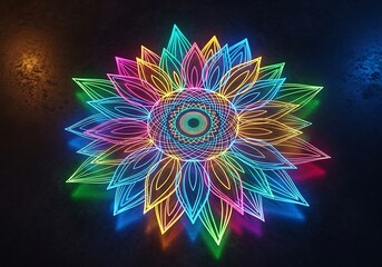 Vibrant neon floral design with intricate geometric center detail