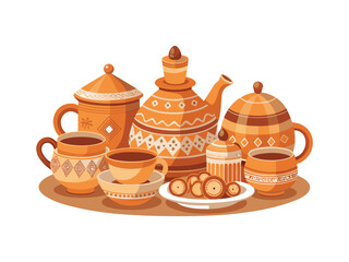Collection of traditional ceramic pottery including teapots cups and bowls arranged artfully