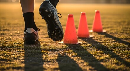 Athlete's foot in sports cleats, executing an agility drill. Orange cones on a sunny grass field showcase focused training and dedication to peak athletic condition