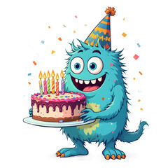 A Cheerful and Fluffy Cartoon Monster PNG on Transparent Background Celebrating a Birthday with a Cake.