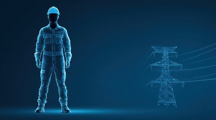 Futuristic Worker in Safety Gear Standing Next to Electric Power Line in a Digital Style, Emphasizing Industry and Technology in Modern Environment