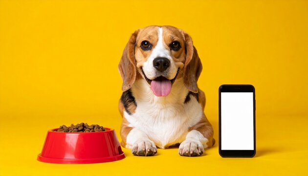 A beagle sits beside its food bowl and smartphone, with a yellow background. The dog is a beautiful tri-color beagle with a pink tongue