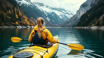 Woman in a yellow kayak paddling on a tranquil lake towards snowy mountains