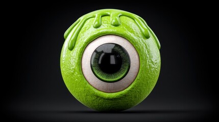 Green cartoon eye character with a glossy texture and drips, isolated on a dark background, suitable for Halloween or children's party decoration ideas