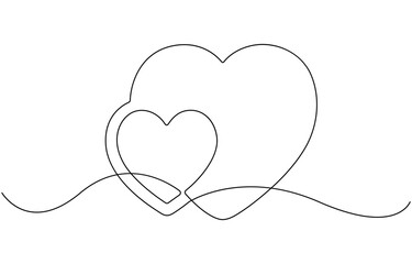 Fototapeta premium Continuous line drawing of two hearts.