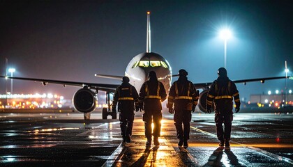 A team of aviation professionals walking towards a parked airplane on the runway at night. The scene captures a sense of duty and professionalism.