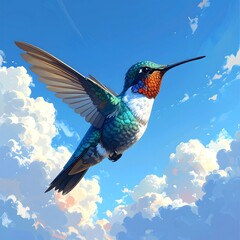 Hummingbird in flight, vibrant colors, fluffy clouds