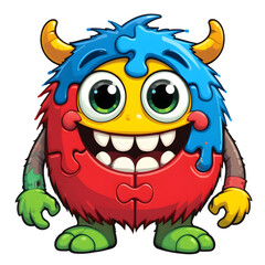 A Cheerful and Colorful Monster Character PNG on Transparent Background with a Puzzle Piece Body.