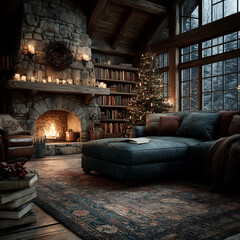 Cozy Cabin Interior: Warm and inviting interior of a cozy cabin featuring a fireplace, library, and plush seating, perfect for a relaxing evening indoors.
