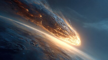 Fototapeta premium A massive asteroid descends towards Earth, igniting in bright flames as it enters the atmosphere. The sky is a dramatic blend of colors at twilight, enhancing the celestial event.