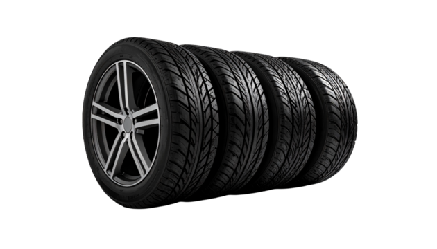 Four new car tires stacked together, isolated and ready for use