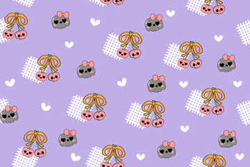 Coquette Halloween Ghost Cherries Seamless Pattern Retro Sweet and Spooky Ghost sheet with bow Doodle Repeat Background