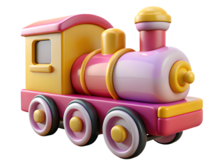Cute colorful toy train with pink and yellow colors on a black background