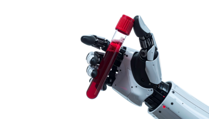 A robotic arm carefully holding a vial filled with red liquid, possibly a blood sample