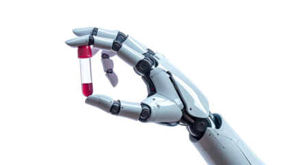 A robotic hand holding a vial filled with red liquid, representing advancements in science and technology. This image evokes futuristic concepts, artificial intelligence, and medical innovation