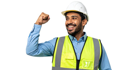 A construction worker exuding confidence with a raised fist and a beaming smile. He is wearing a hard hat and a high-visibility safety vest