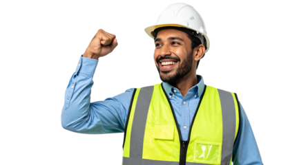 A construction worker exuding confidence with a raised fist and a beaming smile. He is wearing a hard hat and a high-visibility safety vest