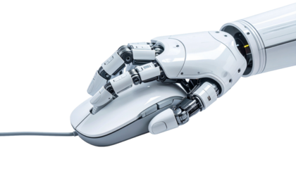 A futuristic robotic arm expertly holds and uses a computer mouse