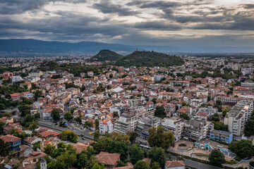 Plovdiv city with Danov, Youth and Liberators Hills seen from Nebet Tepe hill, Bulgaria