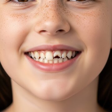 Broken tooth in a girl. Child smiling with a half-broken front tooth, photography closeup image