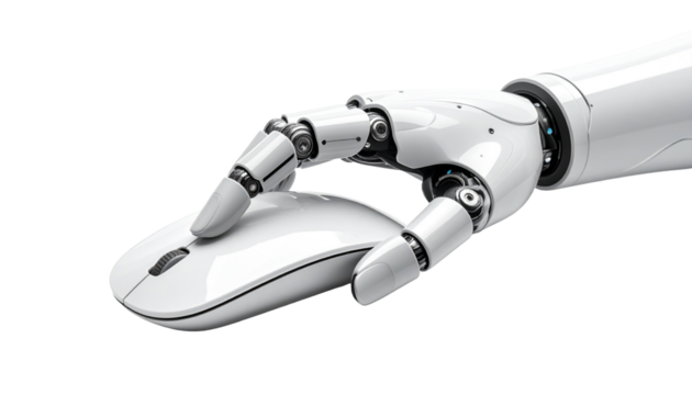 A robotic hand manipulating a computer mouse, symbolizing automation and technology. The robotic hand, with intricate detail, gracefully grips the mouse
