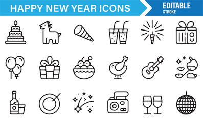 Vector icons for New Year – outline illustrations of festive elements including cake, guitar, balloons, food
