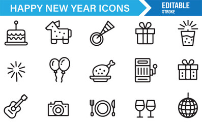 Happy New Year line icons – holiday celebration collection of cake, party, disco ball, balloons, and drinks
