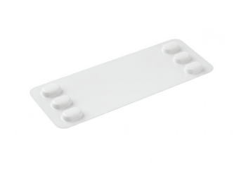 A clean white rectangular blister pack with four rounded indentations for medication isolated on transparent background