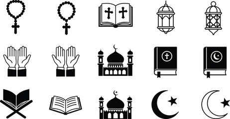 Religious icon set featuring Christian and Islamic symbols including rosary, holy books, lanterns, prayer hands, mosques, crescent moon, star.