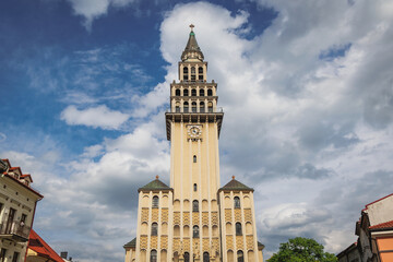Obraz premium Tower of Saint Nicholas Cathedral in Bielsko-Biala, Silesia region of Poland