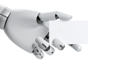 An artificial hand holds a blank business card, symbolizing technology and communication
