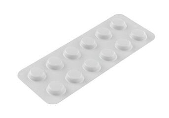 A white blister pack containing twelve round pills isolated on a transparent background for medical or pharmaceutical use isolated on transparent background