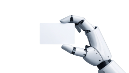 A robot hand holding a blank card against a minimalist backdrop