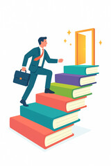 Businessman climbs book stairs to success, entering golden door, achieving goals, business concept