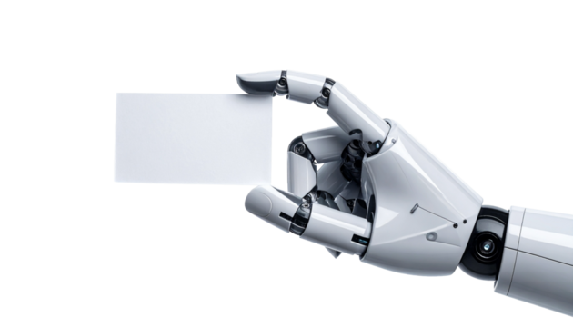 A robotic hand holding a blank card, showcasing futuristic technology and innovation. This image offers a modern, clean design and a representation of artificial intelligence and technology