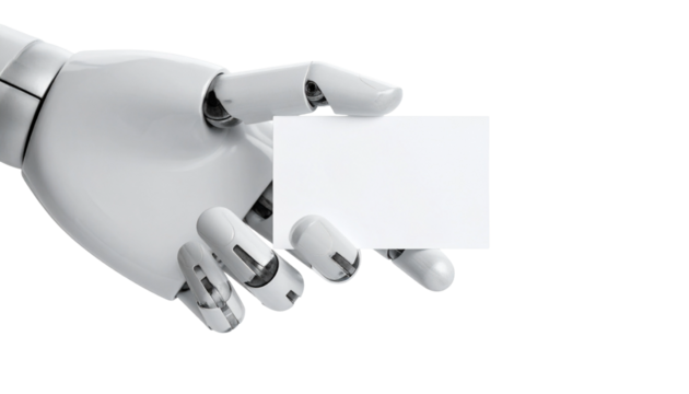 An artificial hand holds a blank business card, symbolizing technology and communication