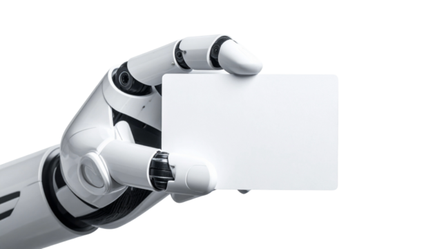 A robotic hand holding a blank card, representing technology and future innovation. The card is a blank canvas, ready for a message or design