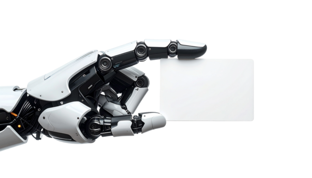 An robotic hand holding a blank card, the perfect symbol for technology and futuristic concepts. The hand is white with clean lines, indicating precision and innovation.