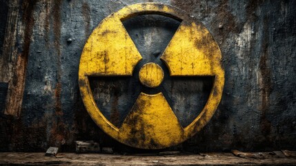 A yellow radiation symbol is prominently featured on a weathered metal surface, surrounded by an industrial backdrop. The setting suggests an abandoned or dilapidated area, evoking a sense of caution.