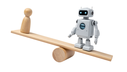Conceptual image depicting a seesaw balancing between a wooden figure and a robot