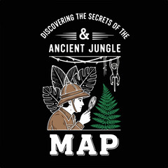 Jungle Explorer with Magnifying Glass and Map, Discovering Ancient Secrets Amidst Tropical Leaves and a Playful Monkey