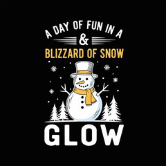 Festive snowman illustration with a top hat and scarf, surrounded by falling snow and pine trees, celebrating a fun winter blizzard.
