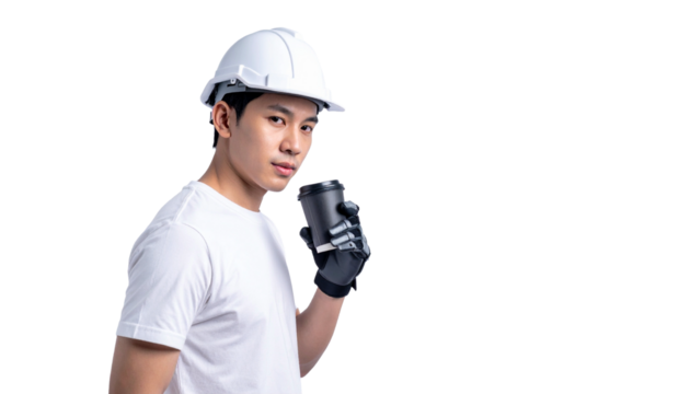 A construction worker in a white helmet takes a break with coffee