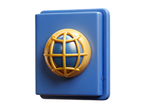 Blue passport with golden globe emblem on black background
