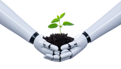 A robotic hand gently cradles a young plant with green leaves, symbolizing technology's role in nurturing growth