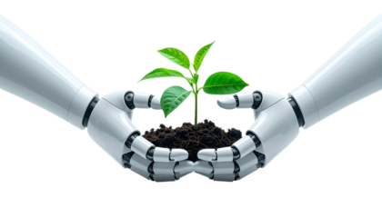 Robotic hands gently cradle a growing plant, symbolizing the blend of technology and nature and artificial and natural. The plant's vibrant green leaves against the robotic arm, holding earth