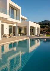 Fototapeta premium Modern villa with pool reflections against blue skies in summer weather
